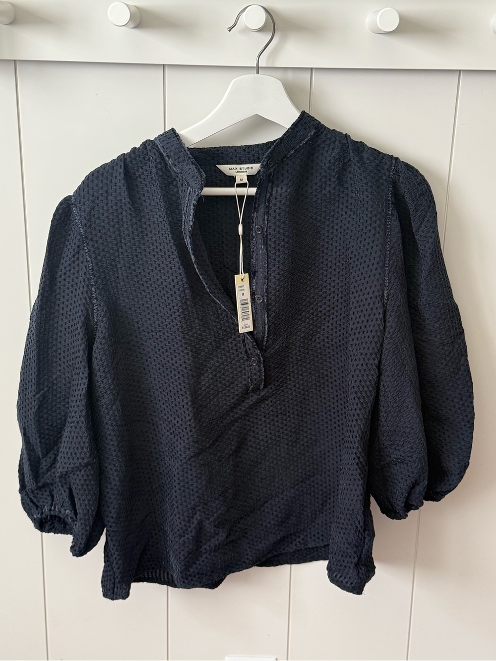 Max Studio Navy Textured Puff Sleeve Blouse